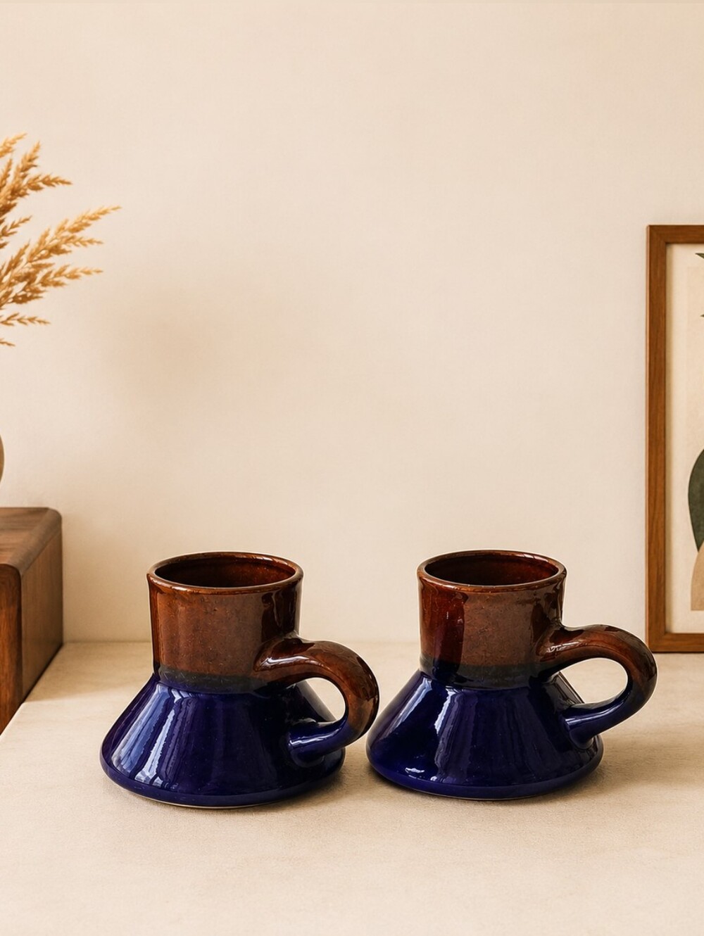 2 Non Slip Ceramic Blue Brown Mugs